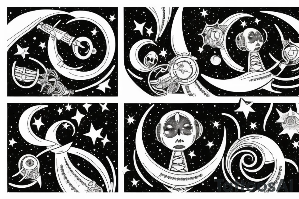 Moon shooting through gemini wiht stars tattoo idea