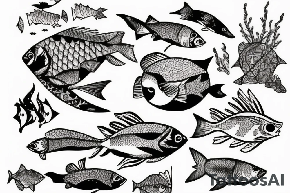 Lake with fish, and a forest with animals tattoo idea