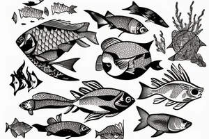 Lake with fish, and a forest with animals tattoo idea