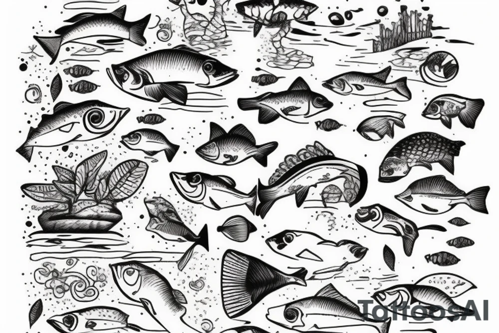 Lake with fish, and a forest with animals tattoo idea