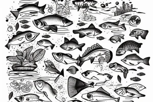 Lake with fish, and a forest with animals tattoo idea