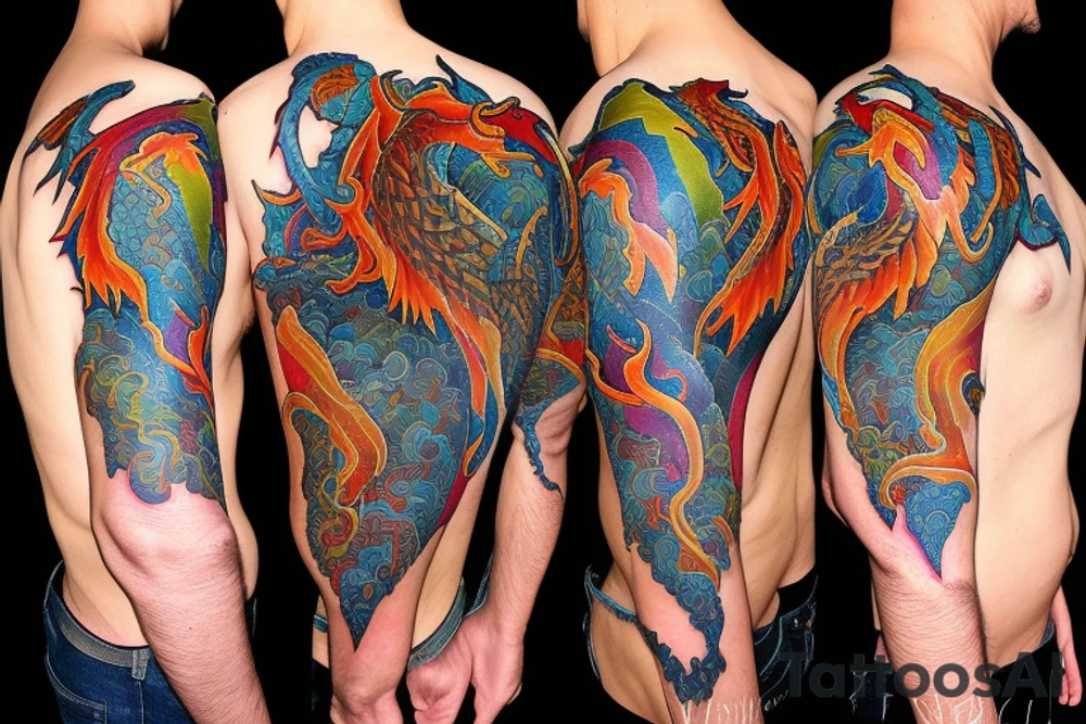 Phoenix from the ashes with the 4 elements on the right flank side on my back tattoo idea