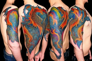 Phoenix from the ashes with the 4 elements on the right flank side on my back tattoo idea