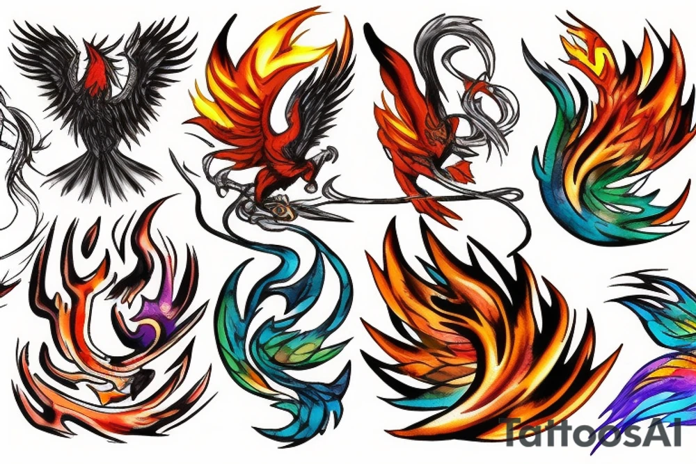Phoenix from the ashes with the 4 elements on the right flank side on my back tattoo idea