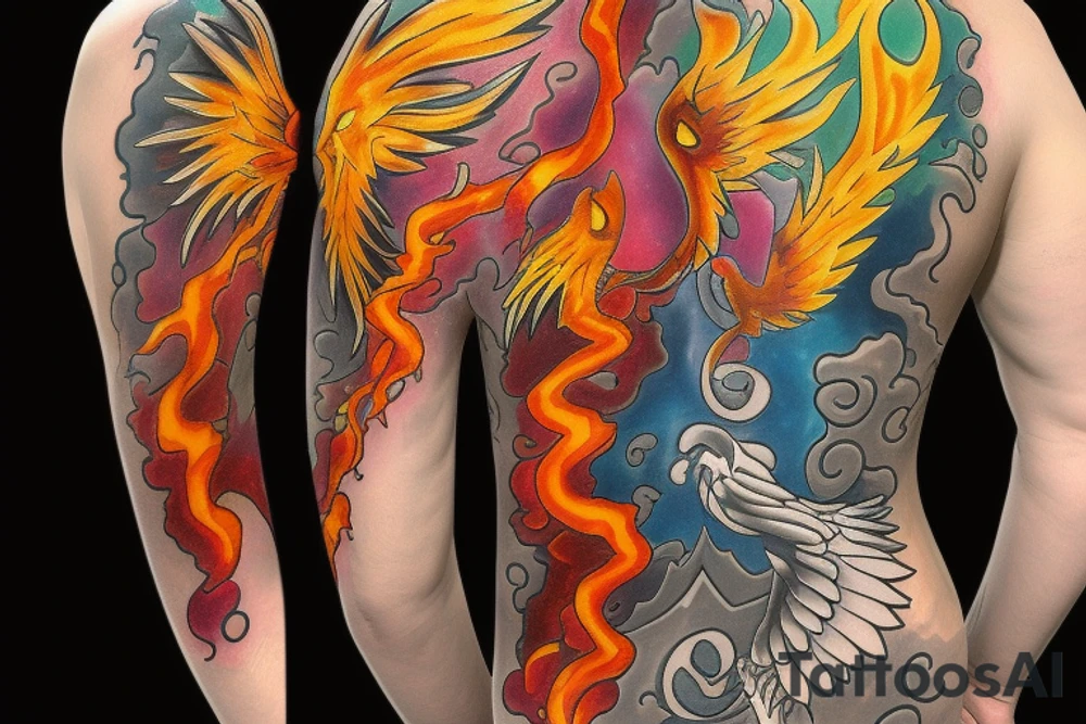 Phoenix from the ashes with the 4 elements on the right flank side on my back tattoo idea