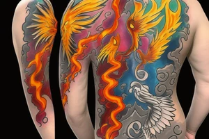 Phoenix from the ashes with the 4 elements on the right flank side on my back tattoo idea