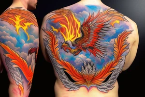 Phoenix from the ashes with the 4 elements on the right flank side on my back tattoo idea