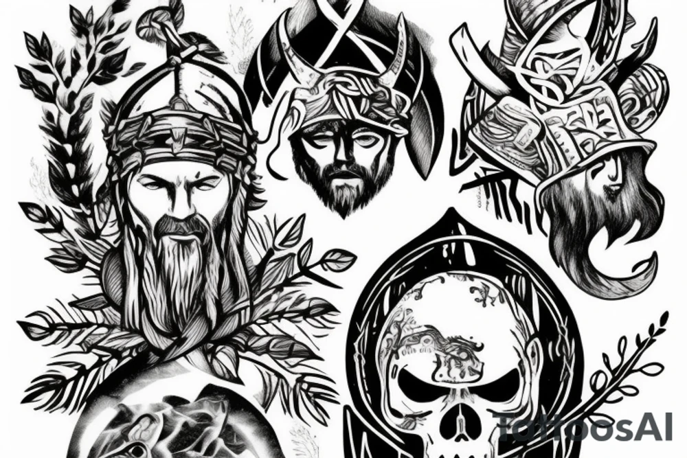 Viking in a forest wearing a masm tattoo idea