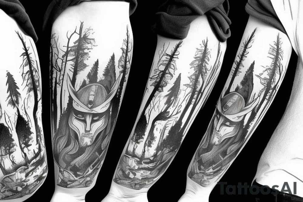 Viking in a forest wearing a mask tattoo idea