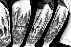 Viking in a forest wearing a mask tattoo idea