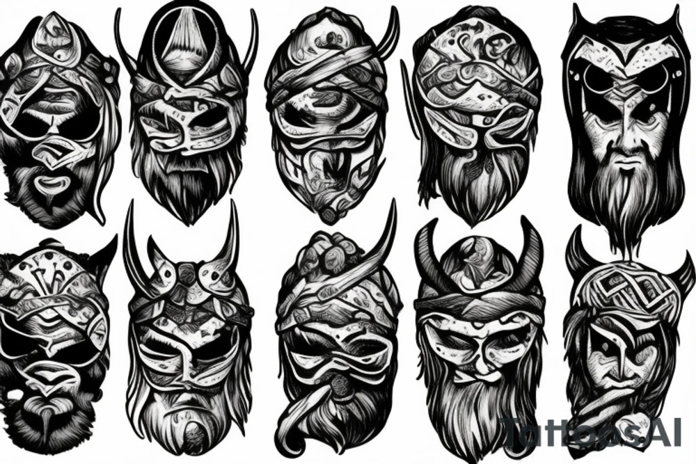Viking in a forest wearing a mask tattoo idea