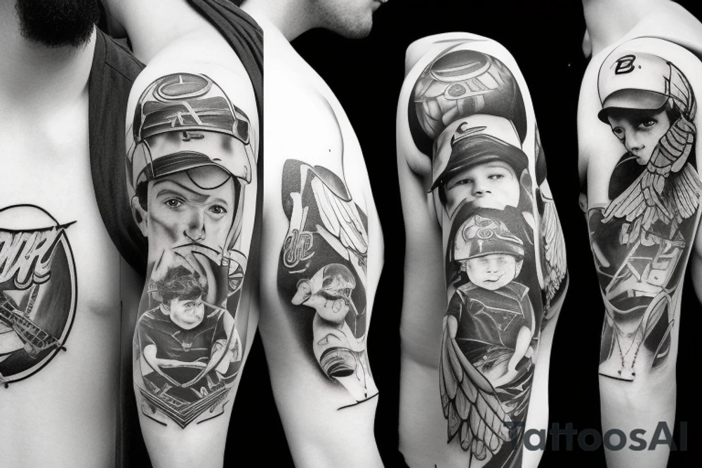 father and 3 sons playing baseball. the oldest son is 12 years old with angle wings, the second son is 10 years old and the youngest son is 7 years old. tattoo idea