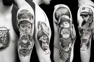 father and 3 sons playing baseball. the oldest son is 12 years old with angle wings, the second son is 10 years old and the youngest son is 7 years old. tattoo idea