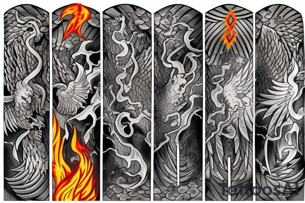 Phoenix from the ashes with the 4 elements on the right flank side on my back tattoo idea