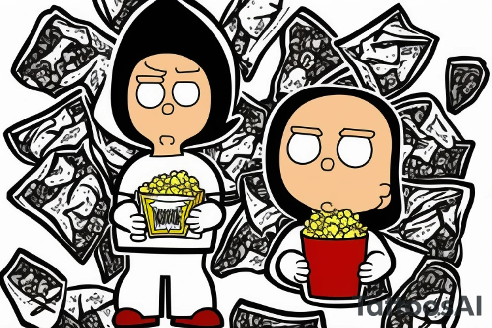 Stewie griffin with an alien head and he is eating from a popcorn bag tattoo idea