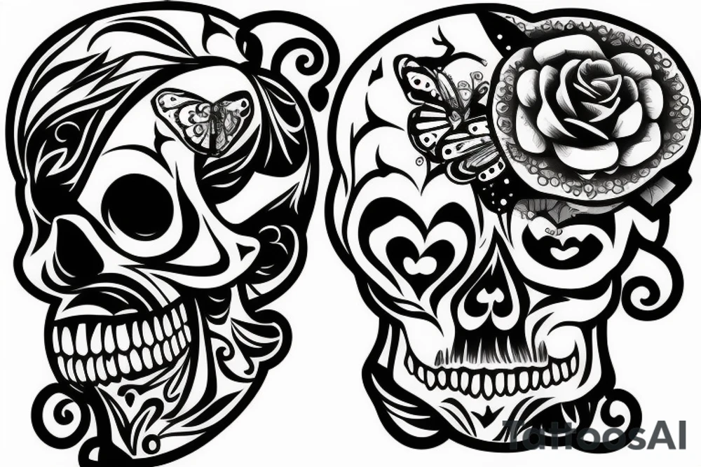 Skull with psychology symbol and butterflies tattoo idea
