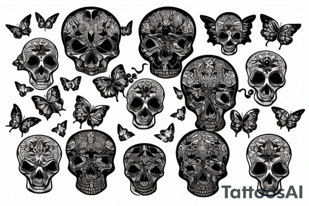 Skull with psychology symbol and butterflies tattoo idea