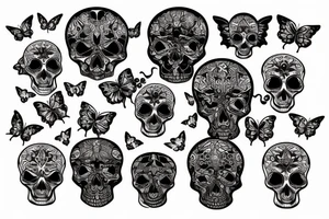 Skull with psychology symbol and butterflies tattoo idea