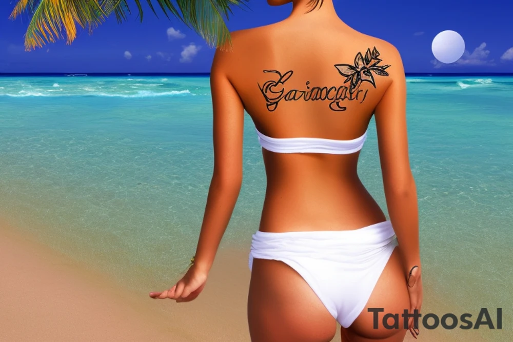 Woman is standing on a Caribbean Beach with Sunshine on my lower back tattoo idea