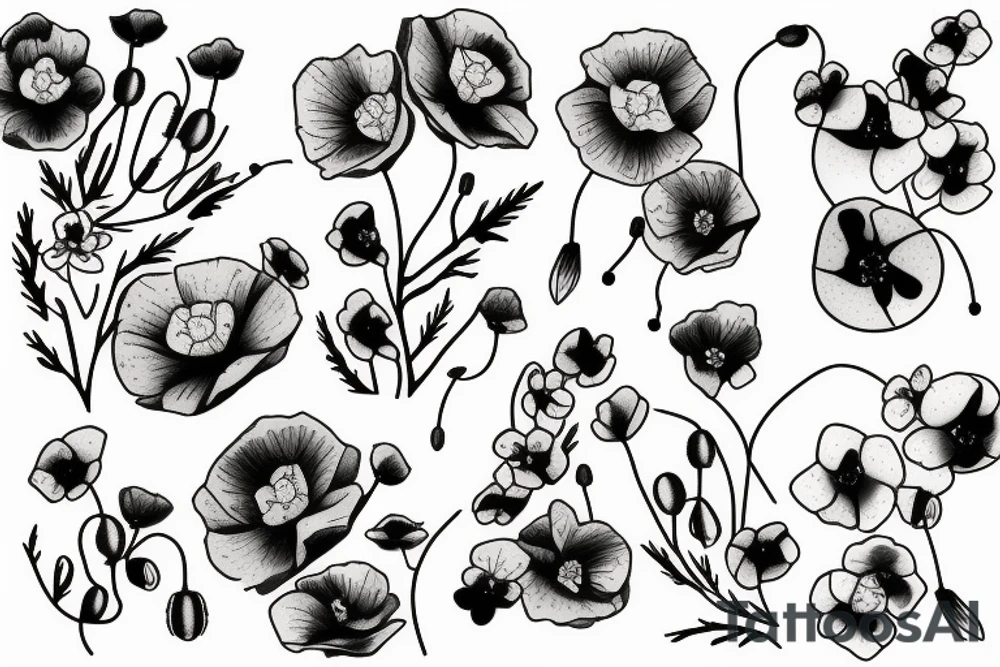 a small bouquet of poppies and cherry blossoms tattoo idea