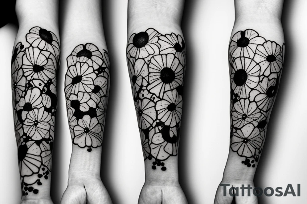 a linework bouquet of poppies and cherry blossoms tattoo idea