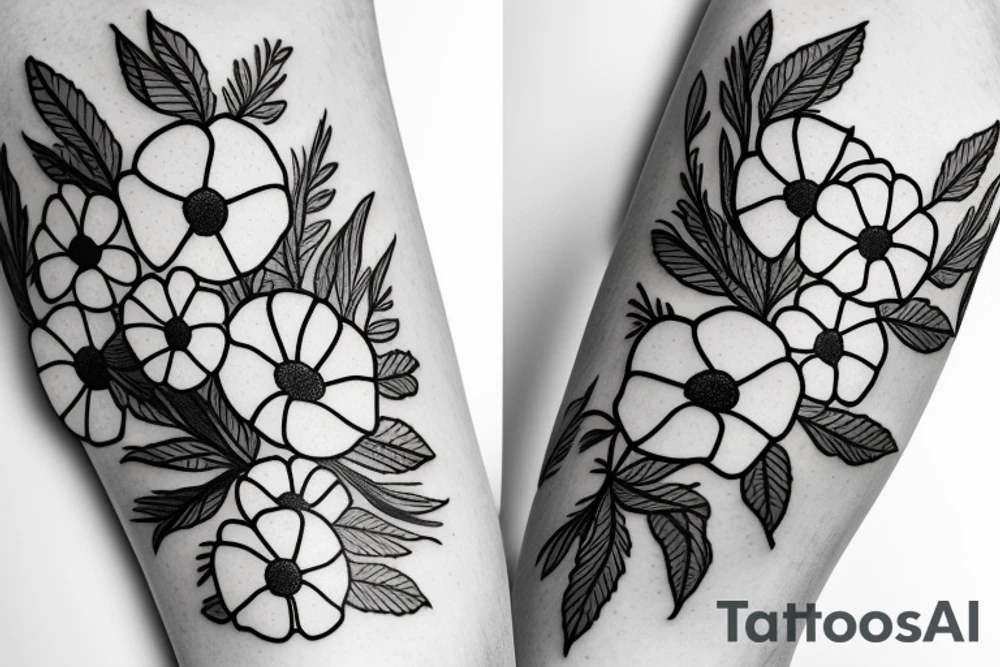 a linework bouquet of poppies and cherry blossoms tattoo idea