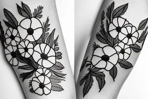 a linework bouquet of poppies and cherry blossoms tattoo idea