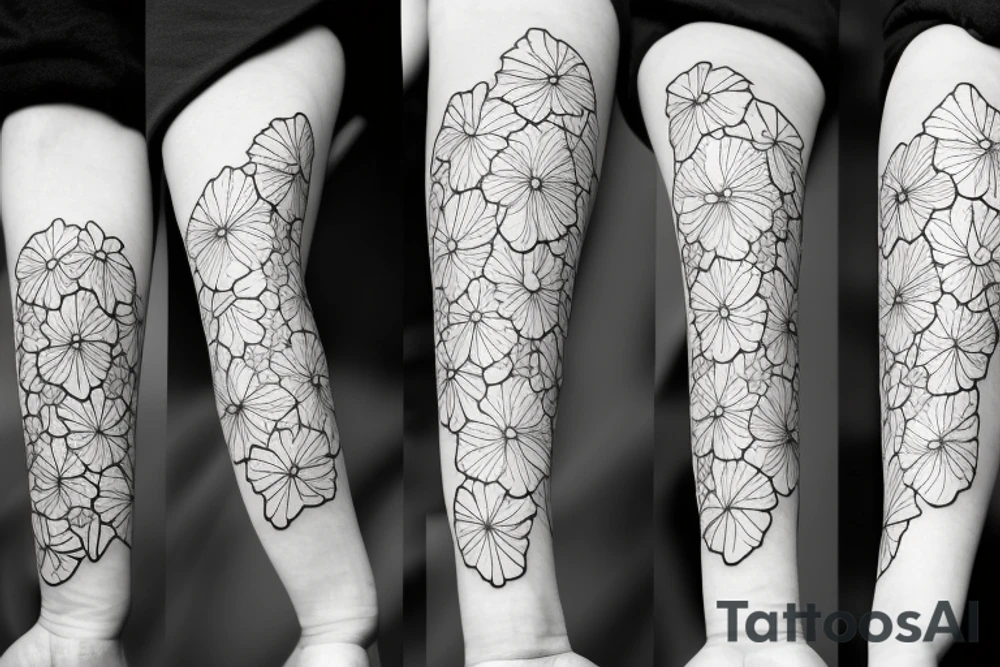 a linework bouquet of poppy flowers and sakura flowers with the stems tied with a bow tattoo idea
