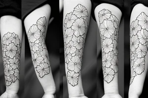 a linework bouquet of poppy flowers and sakura flowers with the stems tied with a bow tattoo idea