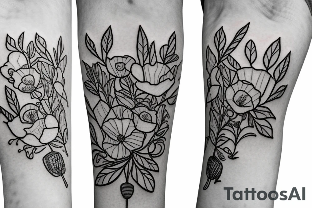 a linework bouquet of poppy flowers and sakura flowers with the stems tied with a bow tattoo idea