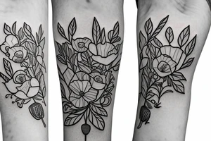 a linework bouquet of poppy flowers and sakura flowers with the stems tied with a bow tattoo idea