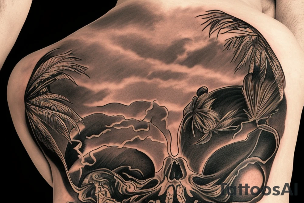 On My sacrum Sunset in the Caribbean tattoo idea