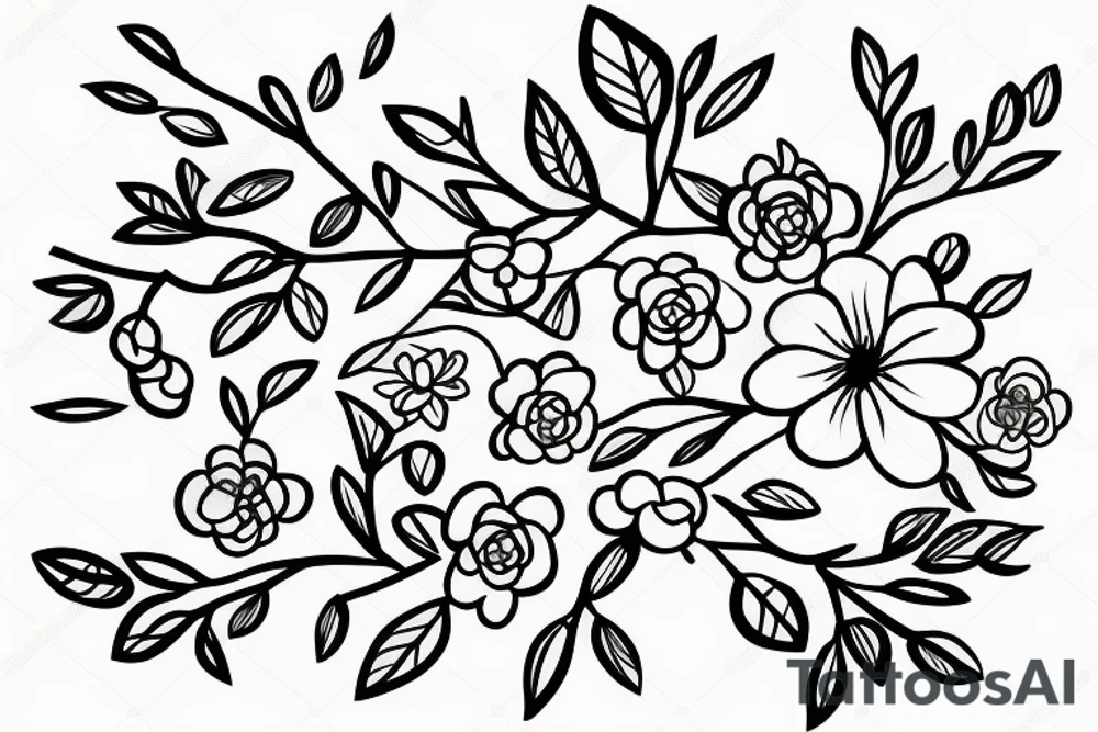 a linework bouquet sakura flowers with the branches tied together with a bow tattoo idea