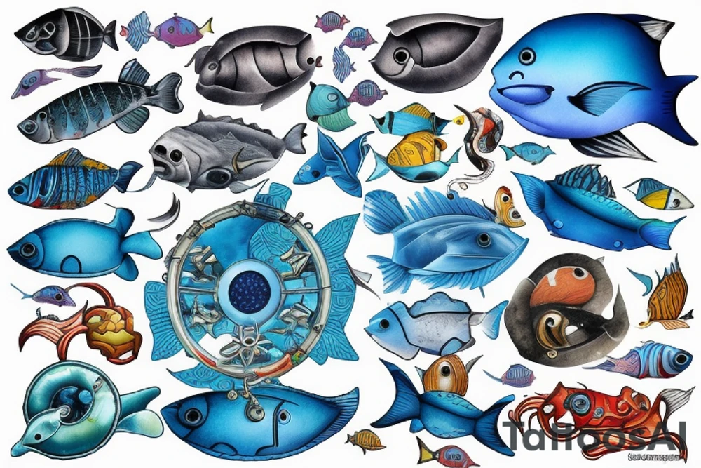 Karibik Pirate ship is standing in a deep blue water with fish tattoo idea