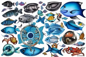 Karibik Pirate ship is standing in a deep blue water with fish tattoo idea