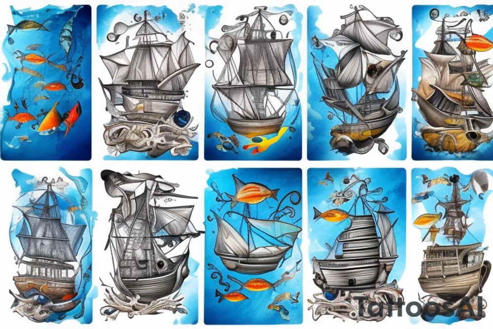 Karibik Pirate ship is standing in a deep blue water with fish tattoo idea
