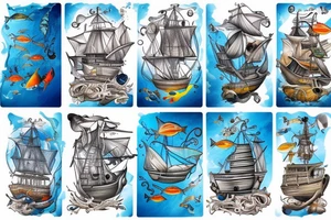Karibik Pirate ship is standing in a deep blue water with fish tattoo idea