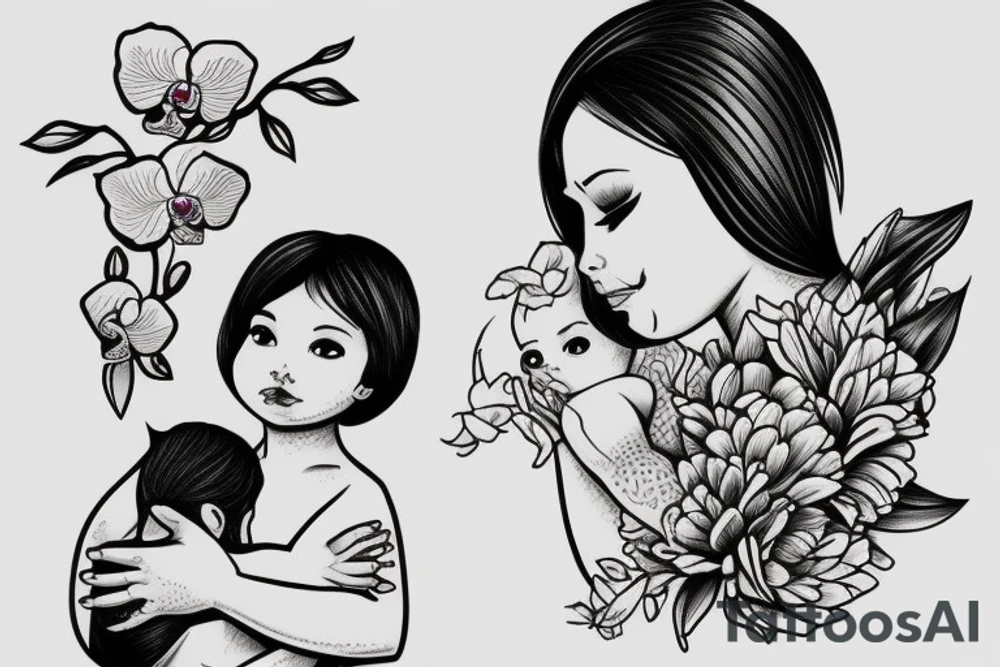 mom holding a baby angel with orchid flowers tattoo idea