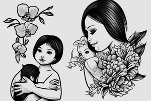 mom holding a baby angel with orchid flowers tattoo idea