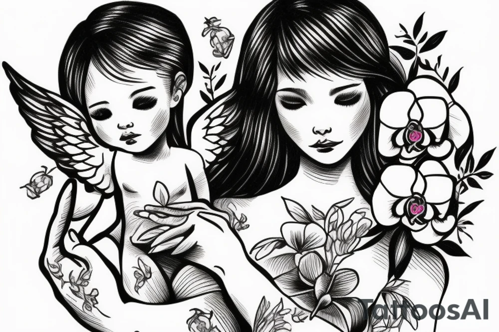 mom holding a baby angel with orchid flowers tattoo idea