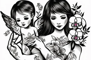 mom holding a baby angel with orchid flowers tattoo idea