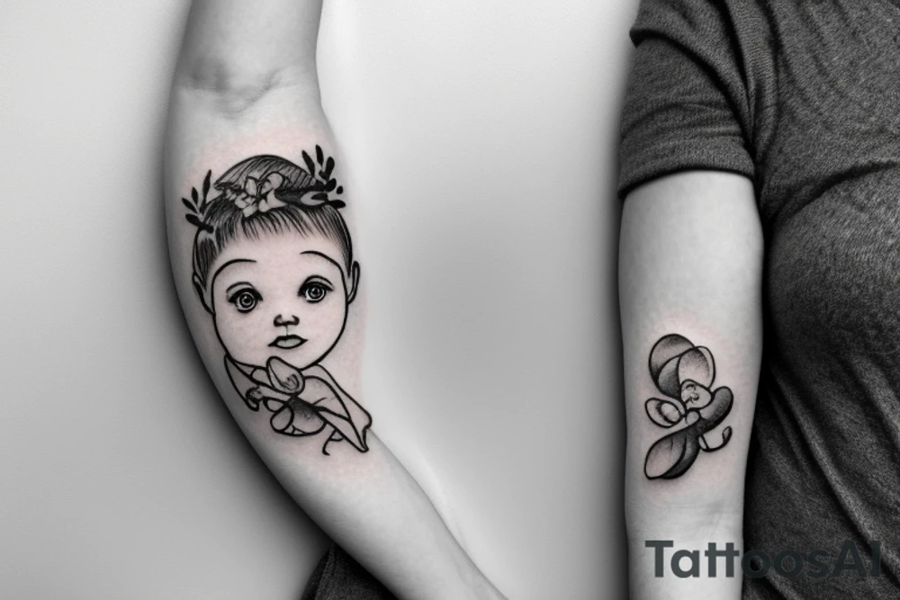 mom holding a baby angel with orchid flowers tattoo idea