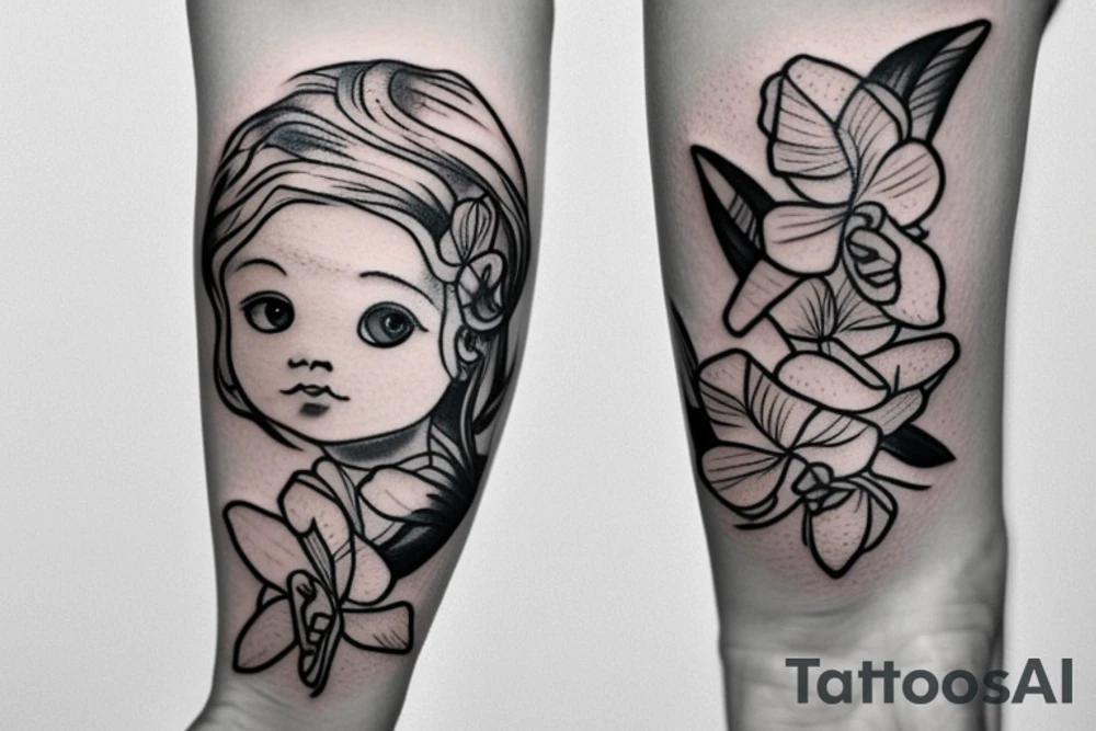 mom holding a baby angel with orchid flowers tattoo idea