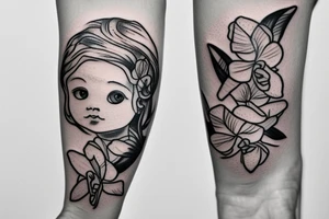 mom holding a baby angel with orchid flowers tattoo idea