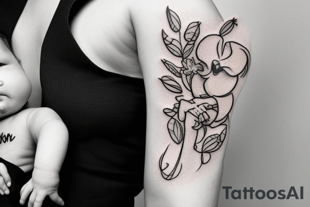mom holding a baby angel with orchid flowers tattoo idea
