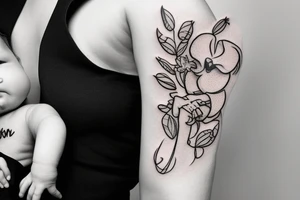 mom holding a baby angel with orchid flowers tattoo idea