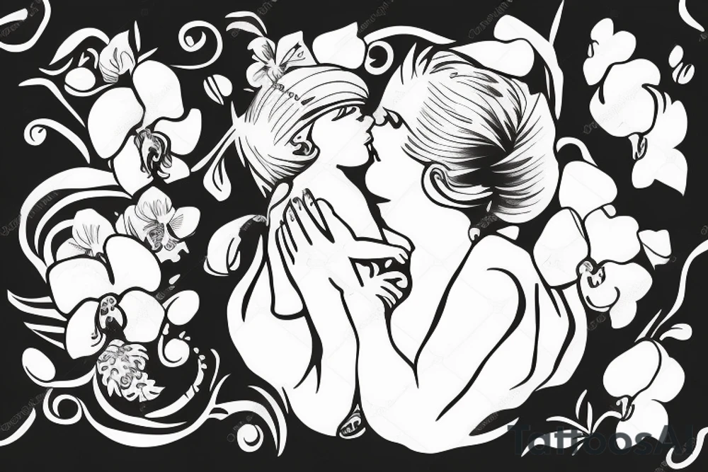 mom holding a baby angel with orchid flowers tattoo idea
