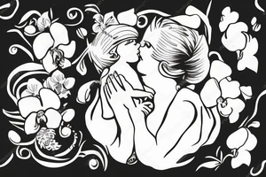 mom holding a baby angel with orchid flowers tattoo idea