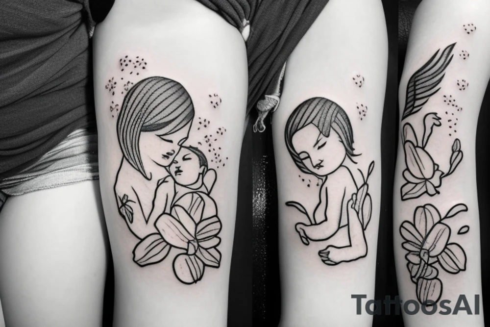 a mom holding a baby angel with orchid flowers tattoo idea