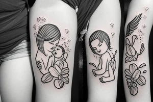 a mom holding a baby angel with orchid flowers tattoo idea